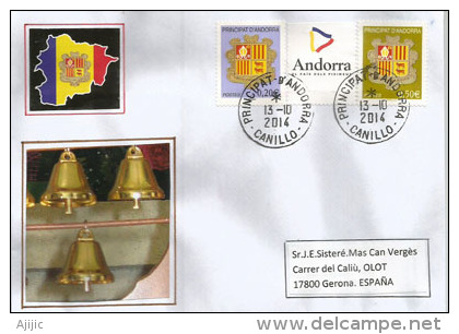 Nouvelles Armoiries D'Andorre Et Drapeau Sur Lettre Postée Du Village  De Canillo Adressée En Espagne - Storia Postale