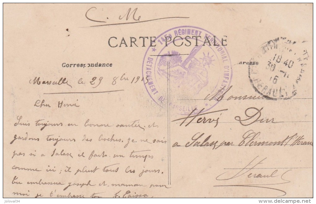 Cachet Militaire 145 è Régiment Territorial Infanterie Marseille 1916 Sur Carte Postale Caserne Menpenti - Guerre De 1914-18