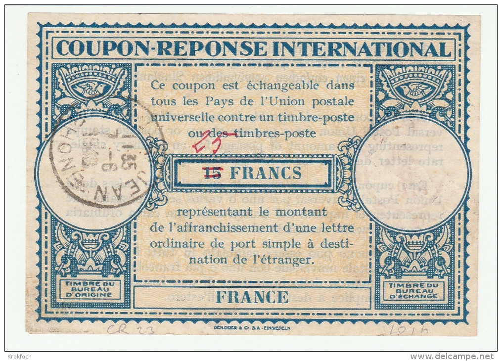 Coupon France 15 Francs Corrigé 25 à La Main - Lyon Saint-Jean 1948 - Modèle LO 14 - IRC CRI IAS - Coupons-réponse