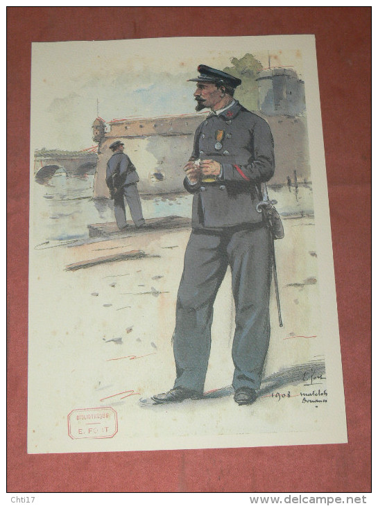 GRAVURE AQUARELLE SUR CANSON / ERNEST FORT / UNIFORME DOUANES / GENDARMES /  MATELOT 1908  / LITHOGRAPHIE - Estampes & Gravures