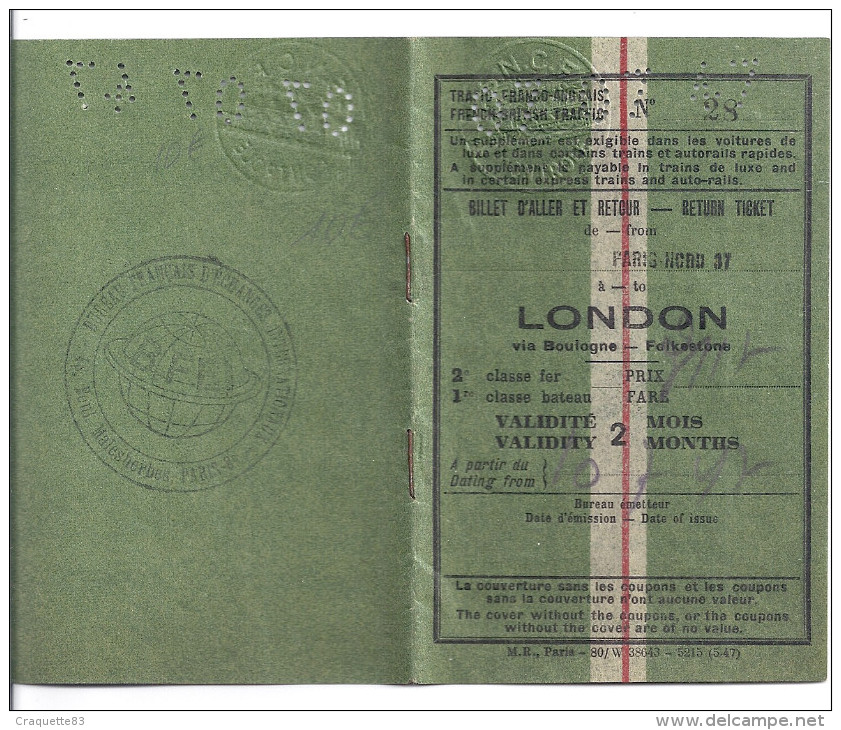 BILLET D'ALLER RETOUR -PARIS NORD TO LONDON 1947 - Europa