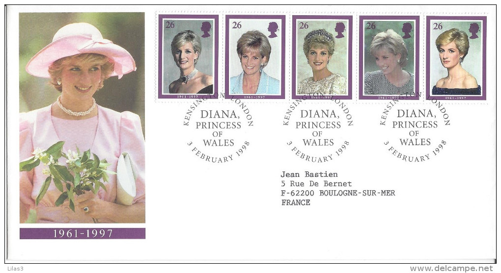 Kensington London 3 02 1998 Cinq Timbres Princesse Diana - Ohne Zuordnung