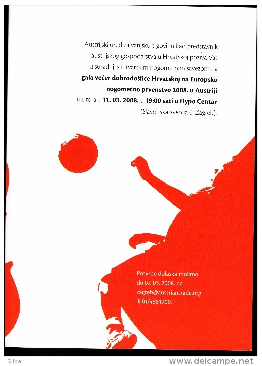 Croatia 2008 Soccer Football European Championship 2008 Invitation Card On The Gala Welkome Croatia On EC - Europei Di Calcio (UEFA)