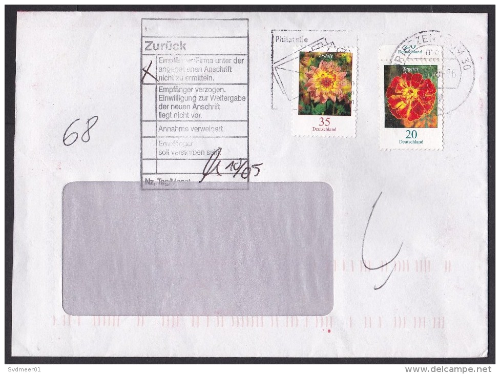 Germany: Cover, 2010, 2 Stamps, Flower, Returned, Retour Cancel (traces Of Use) - Brieven En Documenten