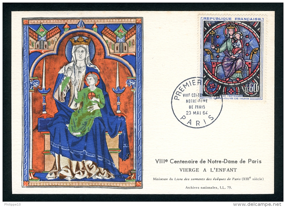 CARTE MAXIMUM "8ème CENTENAIRE DE NOTRE-DAME DE PARIS - VIERGE A L'ENFANT" - OBLITERATION 1er JOUR PARIS 23 MAI 1964 - Eglises Et Cathédrales