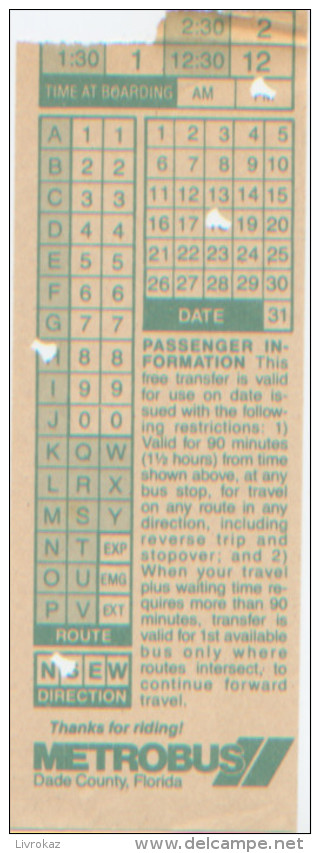 Ticket Bus Metrobus Dade County, Florida, Floride, Etats Unis, United States, TRÈS BON ÉTAT - Monde