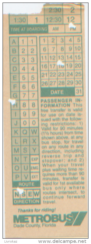 Ticket Bus Metrobus Dade County, Florida, Floride, Etats Unis, United States, TRÈS BON ÉTAT - Monde