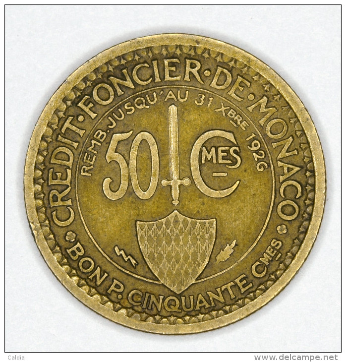 Monaco 50 Centimes 1924 GOOD  GRADE - 1922-1949 Louis II