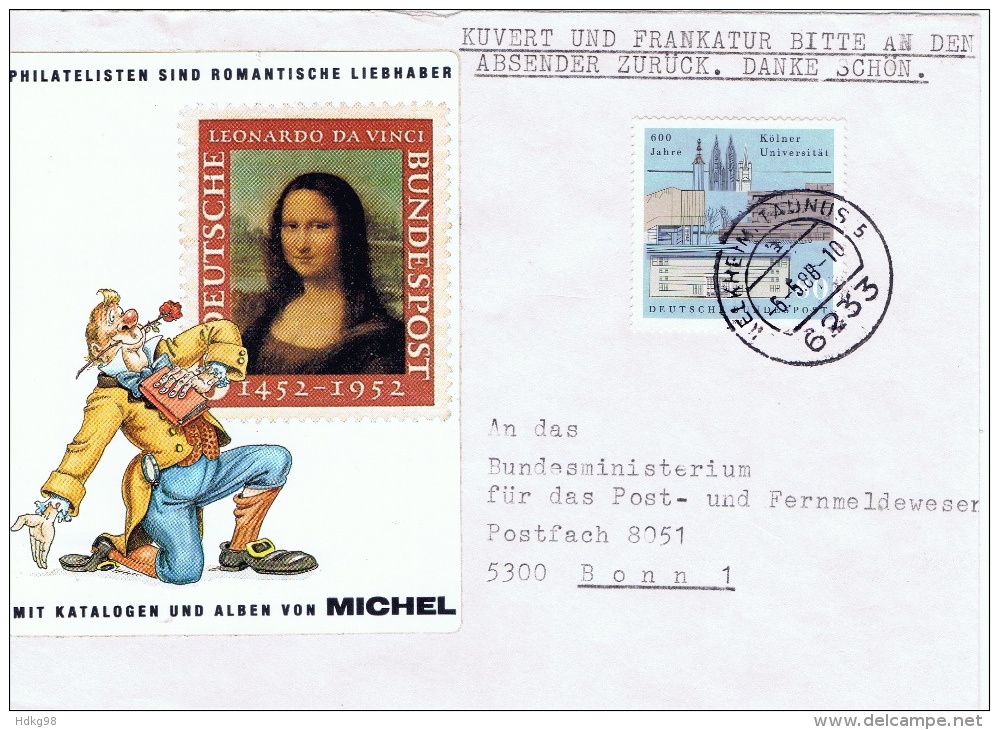 D+ Deutschland 1988 Mi 1370 Universität Köln Auf Brief "Mona Lisa" - Cartas & Documentos