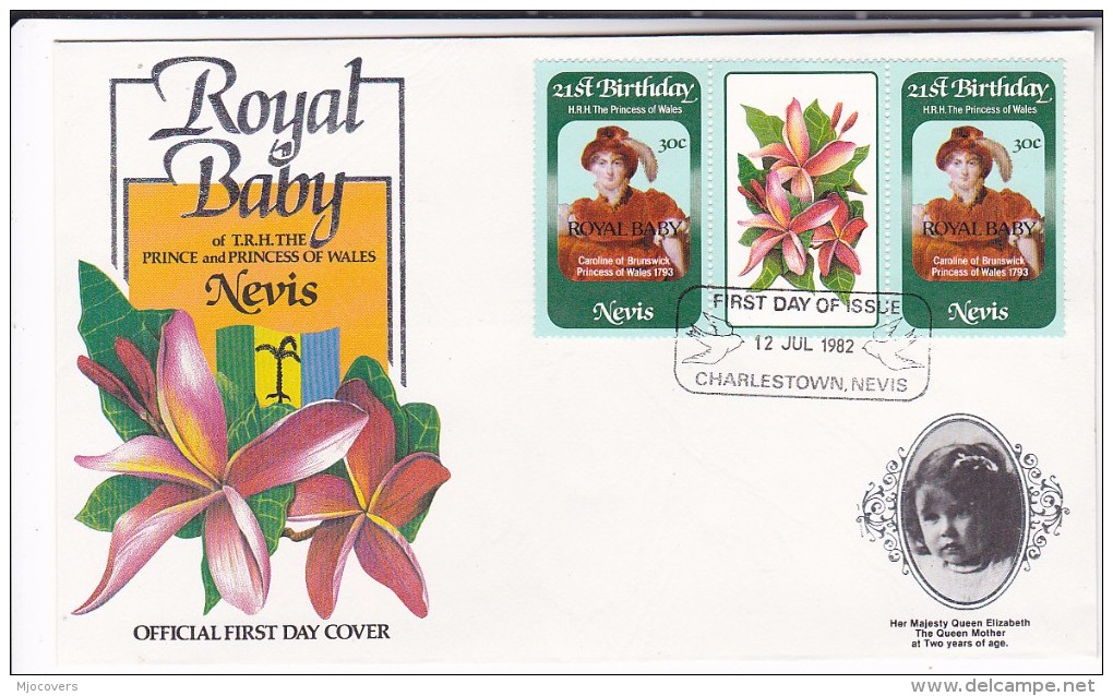 1982  FDC NEVIS ROYAL BABY  Ovpt, Princess Diana Birthday  Pink Flower Stamps Royalty, Cover - St.Kitts And Nevis ( 1983-...)