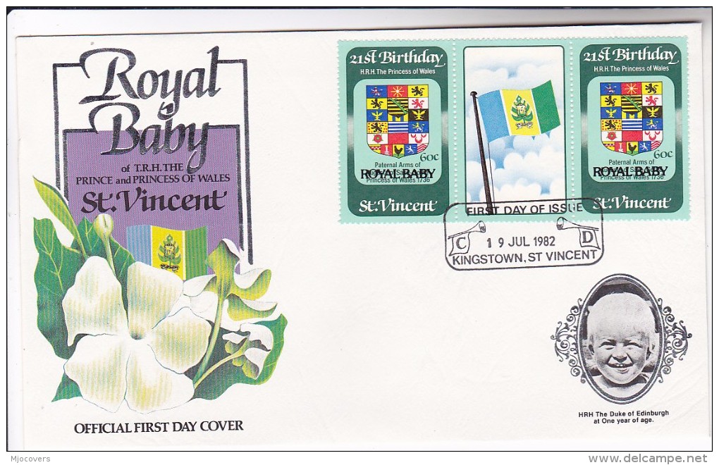 1982  FDC St VINCENT ROYAL BABY Ovpt, Princess Diana Birthday Lion Chicken Hertaldic Lion  Flag Royalty Cover - St.Vincent (1979-...)