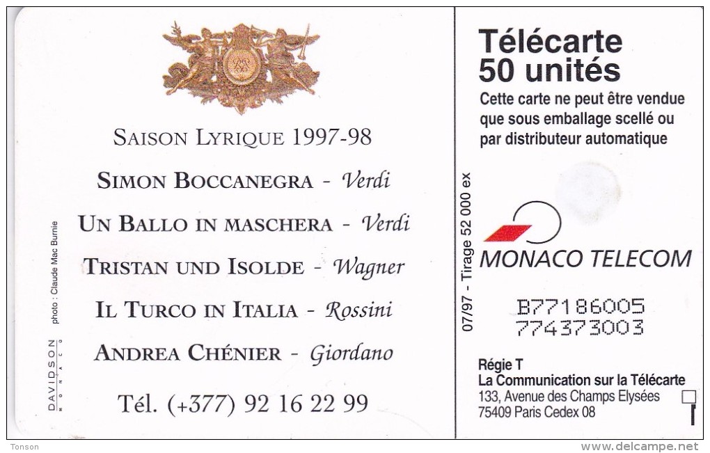 Monaco, MCO-59, 50 Units, Opéra De Montecarlo, 2 Scans. - Monace