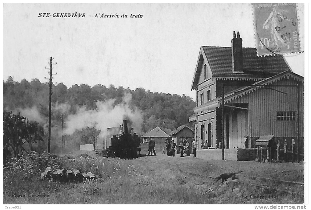 91 SAINTE GENEVIEVE  ARRIVEE DU TRAIN  EN GARE   LA GARE    VOYAGEURS  CHEF DE GARE  CHIEN TRAVERSANT LA VOIE - Sainte-Geneviève