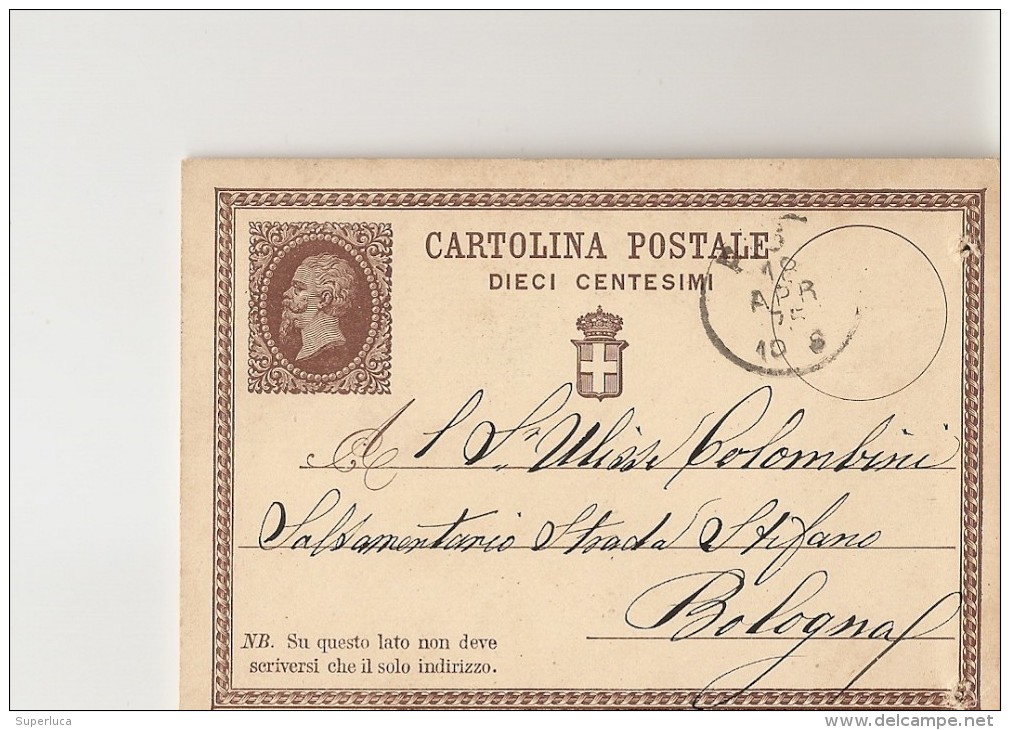 V-CARTOLINA POSTALE DIECI CENTESIMI-VIAGGIATA 1875 DA PISA X BOLOGNA - Postwaardestukken