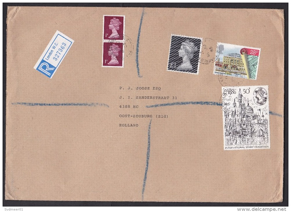 UK: Registered Cover Trafalgar Square To Netherlands, 1985, 5 Stamps, Machin, Customs Label At Back (2 Stamps Damaged) - Brieven En Documenten
