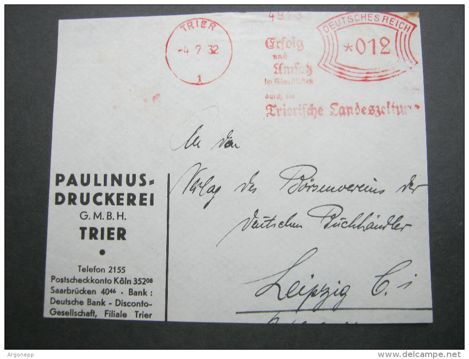 1932 , Trier    , Freistempel  Auf   Briefvorderseite - Briefe U. Dokumente