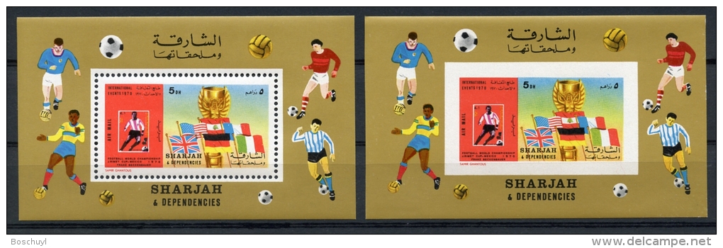 Sharjah, 1970, Soccer World Cup, MNH Perf And Imperf Souvenir Sheet, Michel Block A65A+B Brown - Autres & Non Classés