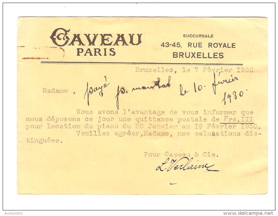 TP 279 S/CP Publicitaire Des Pianos Gaveau Paris Succursale De BXL C.Bruxelles En 1930 V.E/V PR2671 - Musique