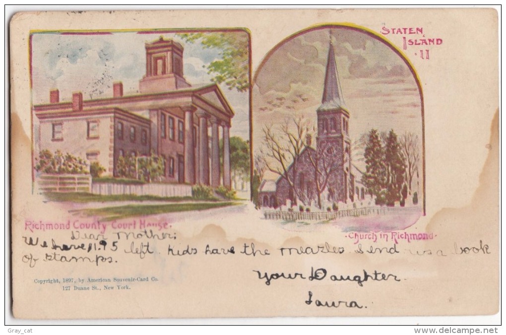 USA, Staten Island  American Souvenir Card 1897 Church In Richmond, County Court House, 1905 Mailed Postcard [16708] - Staten Island