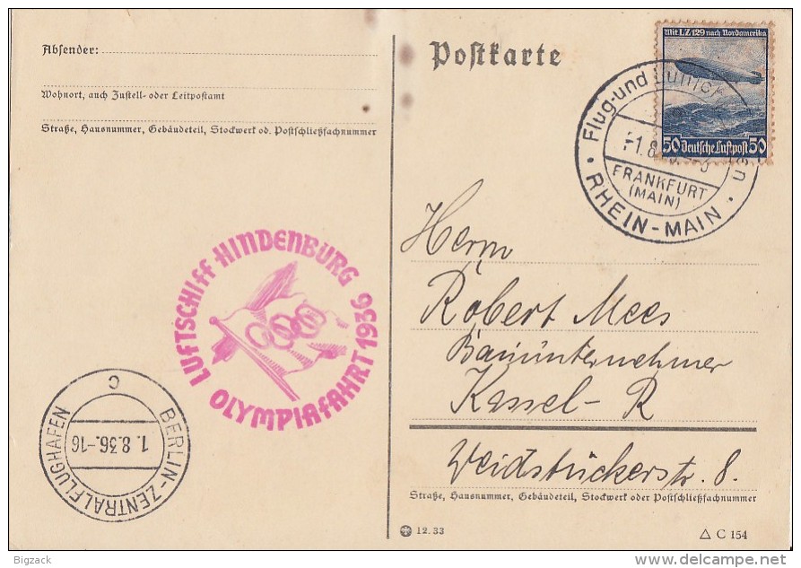 DR Zeppelinkarte Olympiafahrt 1936 EF Minr.606 Frankfurt 1.8.36 - Briefe U. Dokumente