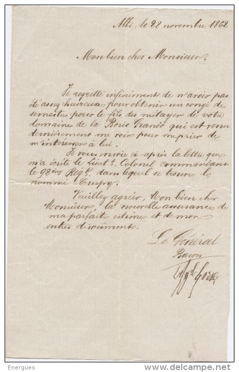Albi1862, Lettre Du Général Baron De Gorse, 92e Régiment, Congé De Semestre,Crespy,Borio Grando, Florentin, Parisot? - Documenti
