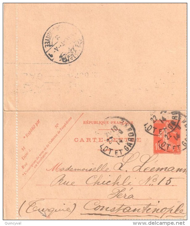 3439 AGEN Carte Lettre Entier Semeuse 10 C Rouge Yv 138 Date 341 Ob 22 9 1914 Dest Constantinople Marque Arrivée Turque - Kaartbrieven