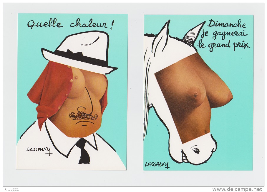 Lot 2 CP HUMORISTIQUE ILLUSTRATEUR LASSALVY /  Seins Nus Femme Cheval / Montage Humour - Lassalvy