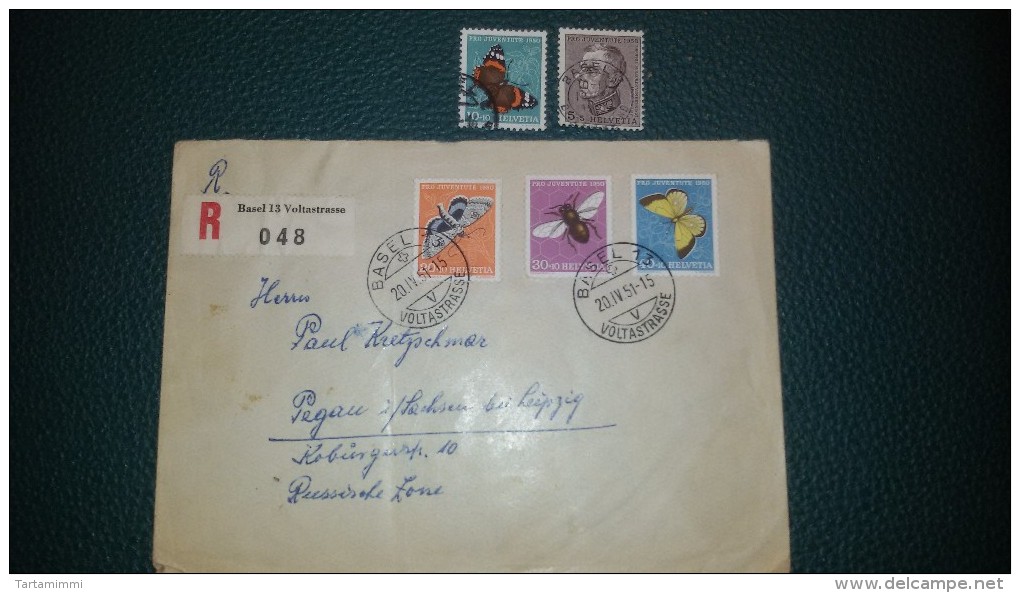 SWITZERLAND SUISSE COVER REGISTERED MAIL - PRO JUVENTUTE 1950 BASEL BUTTERFLIES FLY + STAMPS - Covers & Documents