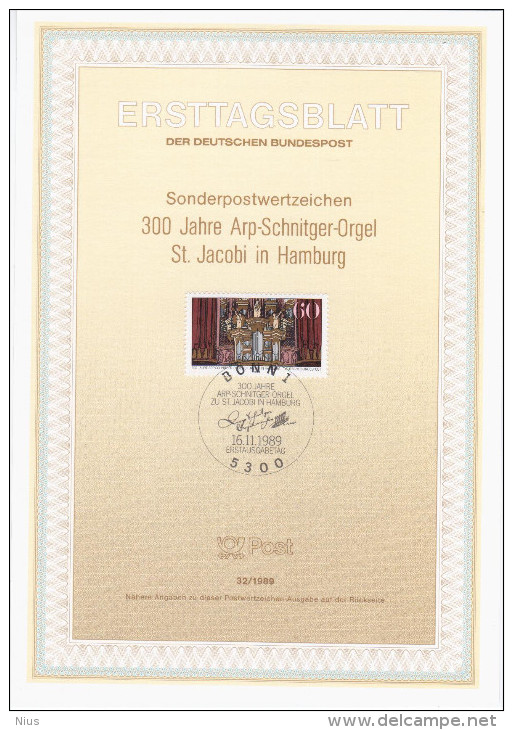 Germany Deutschland 1989 300 Jahre Arp-Schnitger-Orgel St. Jacobi In Hamburg, Musique Organ Organe Music Musik - 1. Tag - FDC (Ersttagblätter)