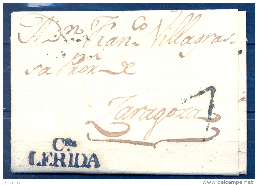 1825 , LÉRIDA , CARTA CIRCULADA A ZARAGOZA , TIZÓN Nº 9 , FECHADOR DE LLEGADA Nº 39 AL DORSO. - ...-1850 Prephilately