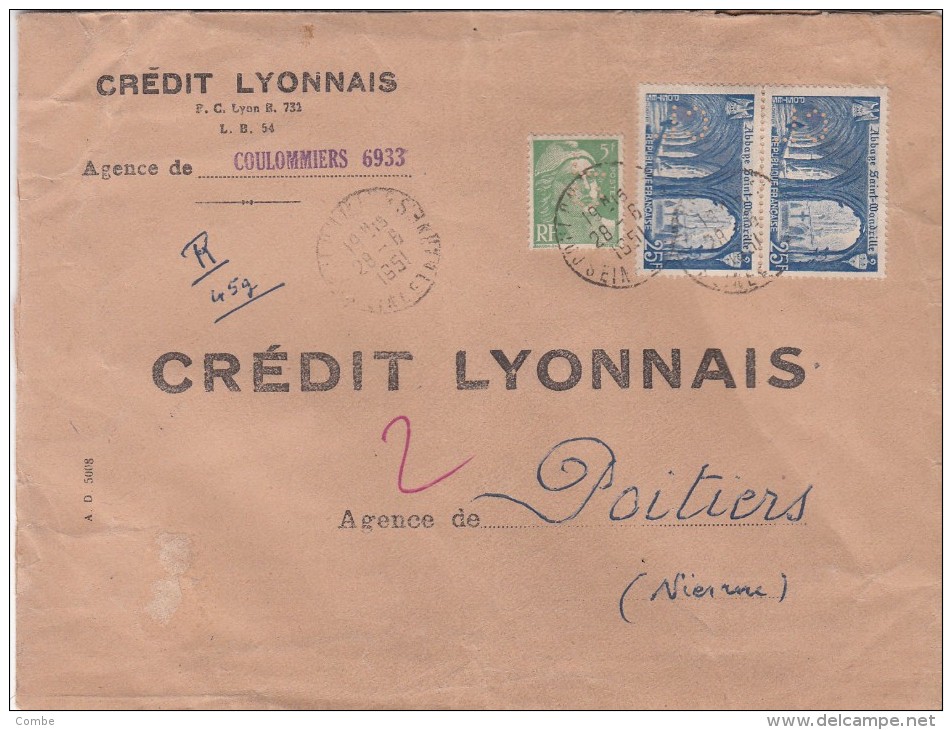 1951.  LETTRE. CRÉDIT LYONNAIS AGENCE DE COULOMMIERS. N° 809/842 PERFORÉS. POUR POITIERS  /  7538 - Briefe U. Dokumente