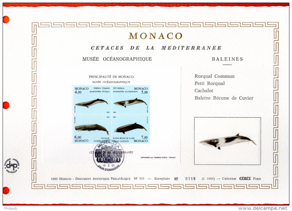 MONACO 1993 Doc. Artistique Philatélique Nté / Soie (1000 Ex.) " CETACES II " N° YT BF 59 (1860 à 1863). Parf état. DAP - Baleines