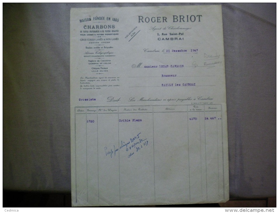 CAMBRAI ROGER BRIOT AGENT DE CHARBONNAGES 2 RUE SAINT-POL FACTURE DU 31 DECEMBRE 1947 - 1900 – 1949