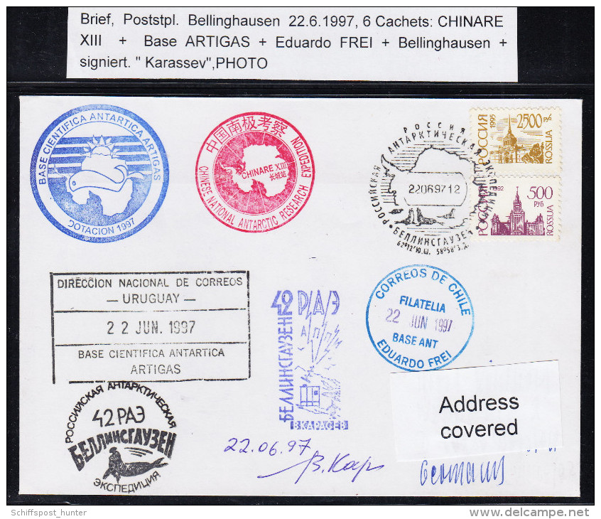 ANTARCTIC,CHINA,22.6.1997 Over Base Bellingh. ,5 Cachets CHINARE XIII,,Bellingh./Artigas + Signed, Look Scan!! 2.3-07 - Expéditions Antarctiques