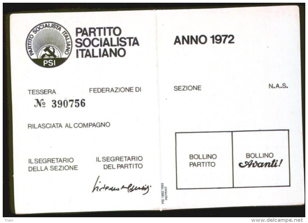 PARTITO SOCIALISTA ITALIANO - TESSERA DEL 1972 - Historical Documents