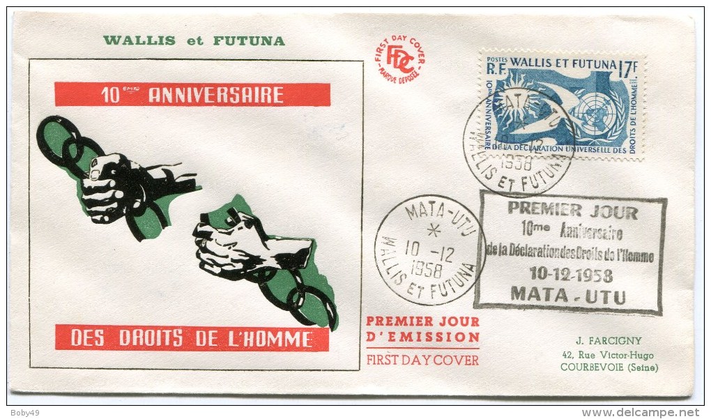 MATA UTU Env. 1ier Jour Du 10/12/1958 Anniversaire Déclaration Des Droits Ed L Homme - Covers & Documents