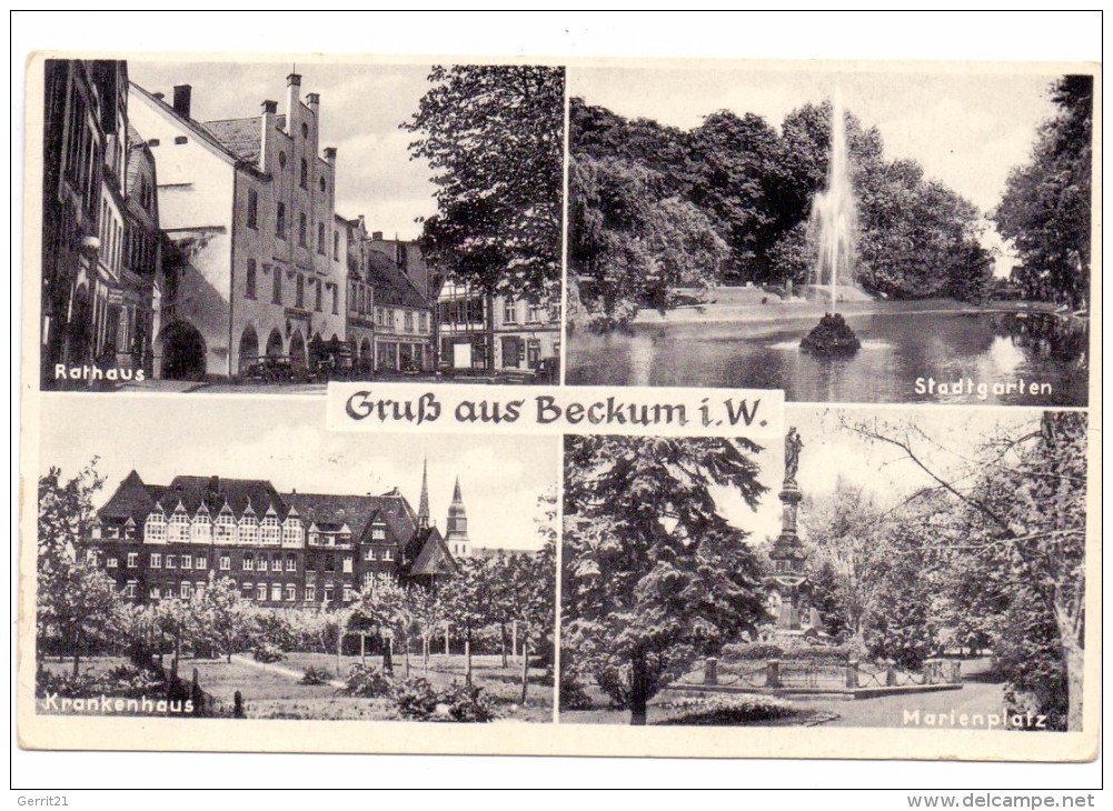 4720 BECKUM, Mehrbild-AK, Krankenhaus, Rathaus, Marienplatz, Stadtgarten, 1952 - Beckum