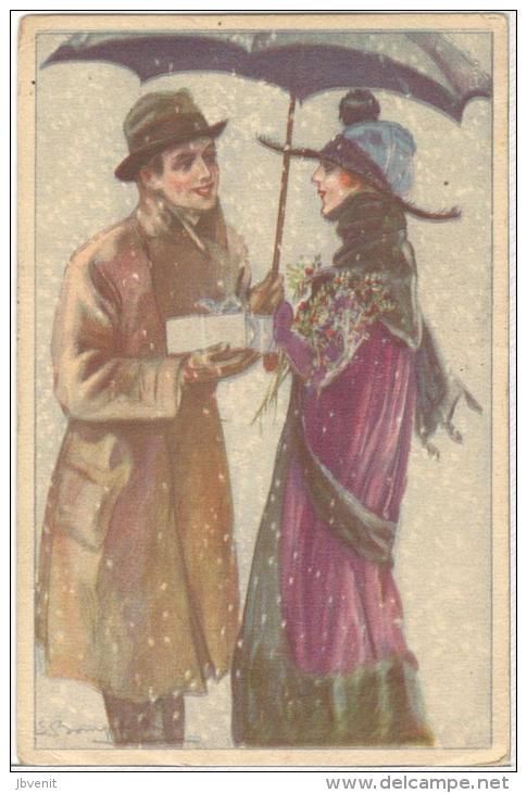 ILLUSTRATORE - BOMPARD- Coppia Con Ombrello Con Regalo Ed Agrifoglio  (1919) - Serie  994-4 - Bompard, S.