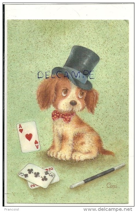 Petit Chien, Chapeau Et Baguette De Magicien, Jeu De Cartes. Signée Coni - Peyk, Hilla