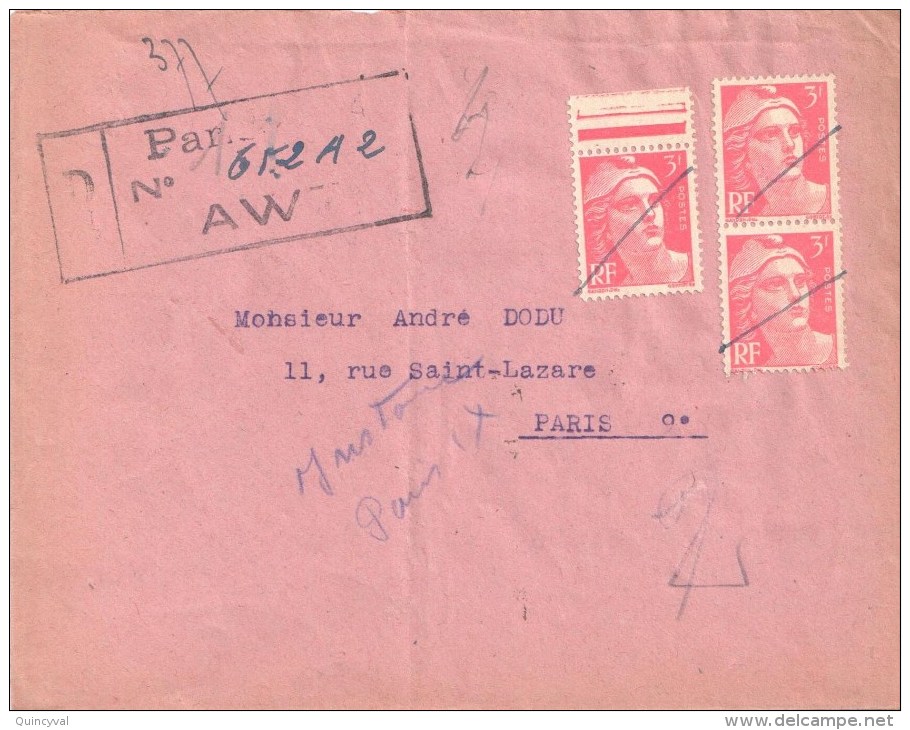 3441 PARIS Lettre Recommandé 1946 Grille Provisoire D´entreprise Instance à Paris IX Gandon 3 F Rouge Yv 716 - Briefe U. Dokumente