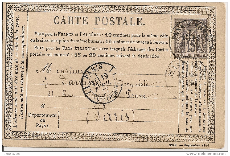 SENS -carte Précurseur 1877 Avec Vignette Au Dos - Pharmacie RIGOUT - Precursor Cards