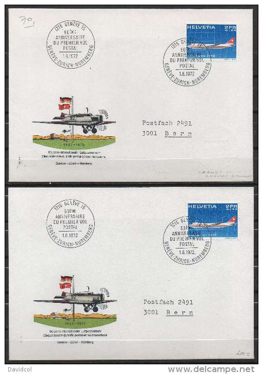 S589- SWITZERLAND 1972 . 2 COVERS CONMEMORATIVES 50 YEARS OF FIRST AIR MAIL, DIFFERENT CACHET ON BACK. - First Flight Covers