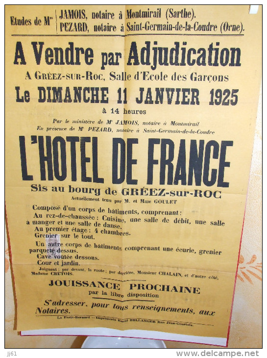 GREEZ SUR ROC SARTHE AFFICHE DE VENTE A L ECOLE DES GARCONS DE L HOTEL DE FRANCE NOTAIRE JAMOIS MONTMIRAIL ANNEE 1925 - Posters