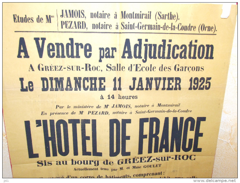 GREEZ SUR ROC SARTHE AFFICHE DE VENTE A L ECOLE DES GARCONS DE L HOTEL DE FRANCE NOTAIRE JAMOIS MONTMIRAIL ANNEE 1925 - Afiches