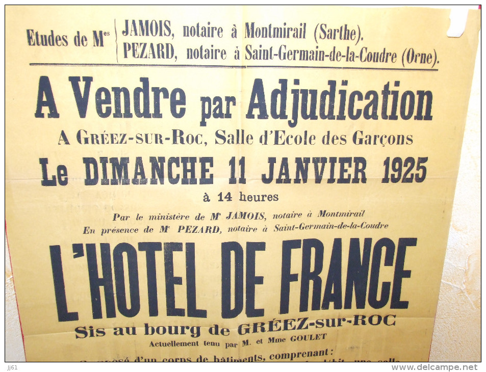 GREEZ SUR ROC SARTHE AFFICHE DE VENTE A L ECOLE DES GARCONS DE L HOTEL DE FRANCE NOTAIRE JAMOIS MONTMIRAIL ANNEE 1925 - Posters