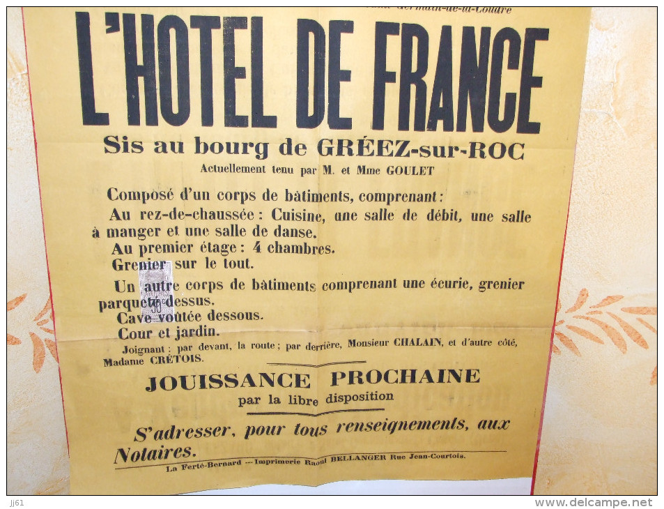 GREEZ SUR ROC SARTHE AFFICHE DE VENTE A L ECOLE DES GARCONS DE L HOTEL DE FRANCE NOTAIRE JAMOIS MONTMIRAIL ANNEE 1925 - Afiches