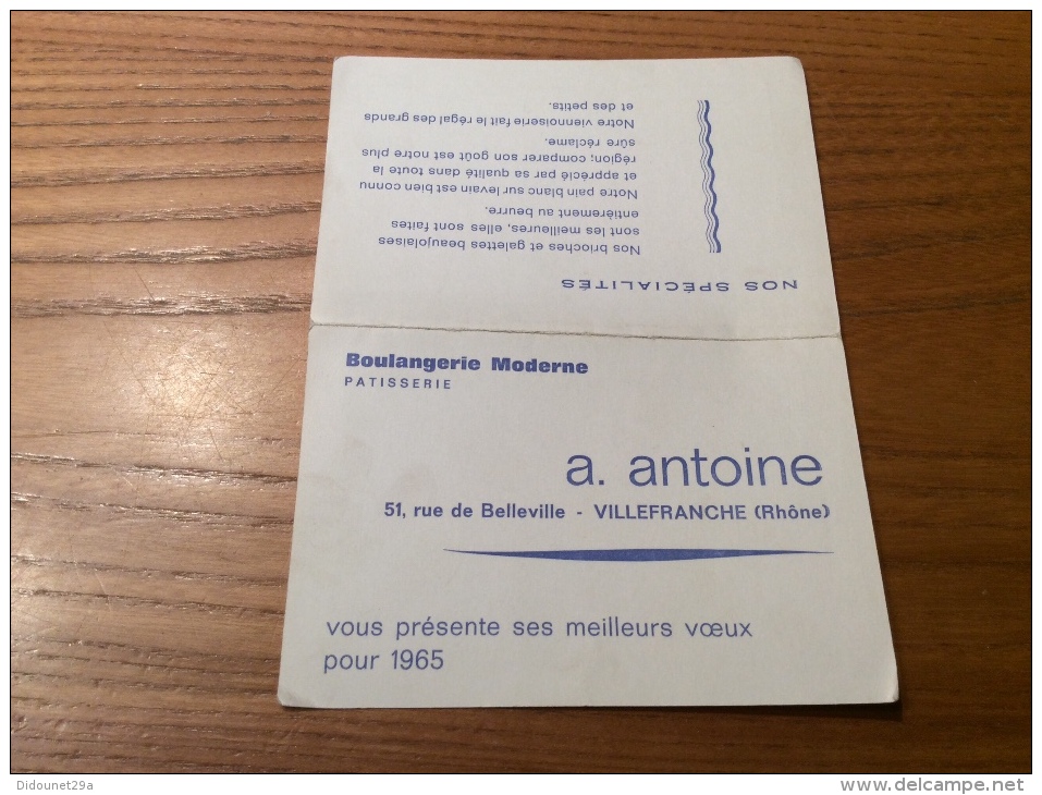 Calendrier 1965 "Boulangerie Moderne A. Antoine VILLEFRANCE (69)" (12x16cm) - Petit Format : 1961-70
