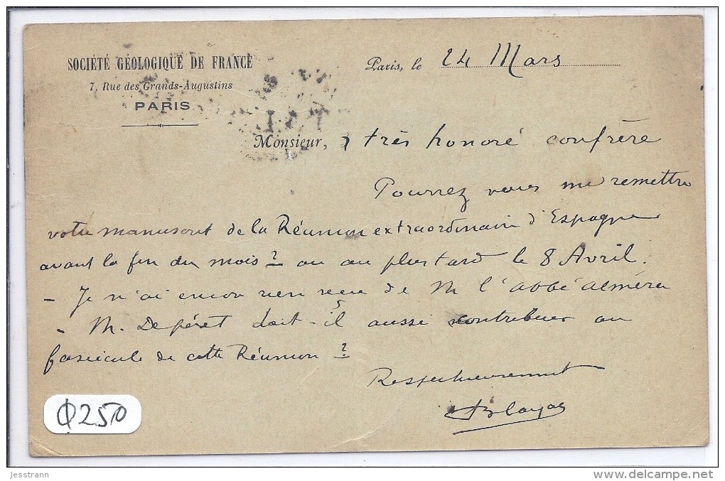 PARIS VI- SOCIETE GEOLOGIQUE DE FRANCE--ENTIER TYPE SAGE REPIQUE-1899--RECT/VERSO - District 06