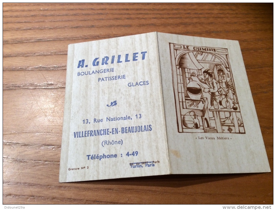Calendrier 1965 "Boulangerie GRILLET VILLEFRANCHE (69) /Les Vieux Métiers - LE CHIMISTE" (9x12,2cm) - Petit Format : 1961-70