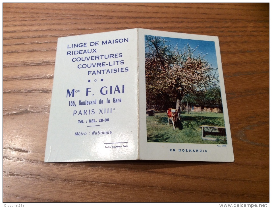 Calendrier 1960 "Linge F. GIAI PARIS (75) / Cliché IRIS - EN NORMANDIE (vache)" (8,9x12cm) - Petit Format : 1941-60